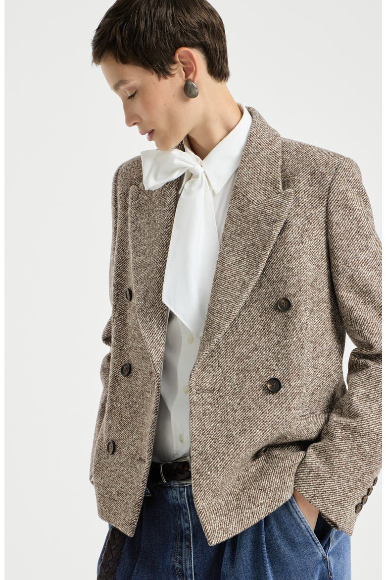 Virgin wool and silk mélange diagonal blazer with monili, Alternate, color, Brown