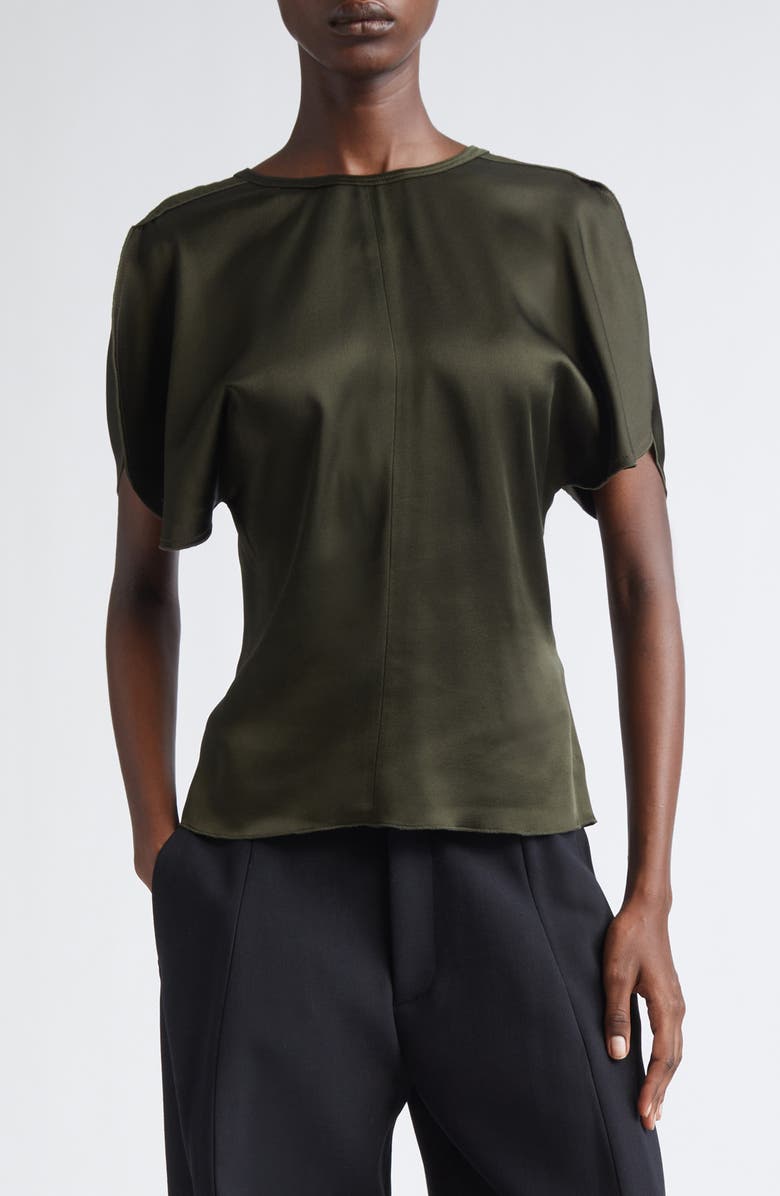 Victoria Beckham Slit Draped Sleeve Crepe Back Satin Top, Main, color, Dark Olive