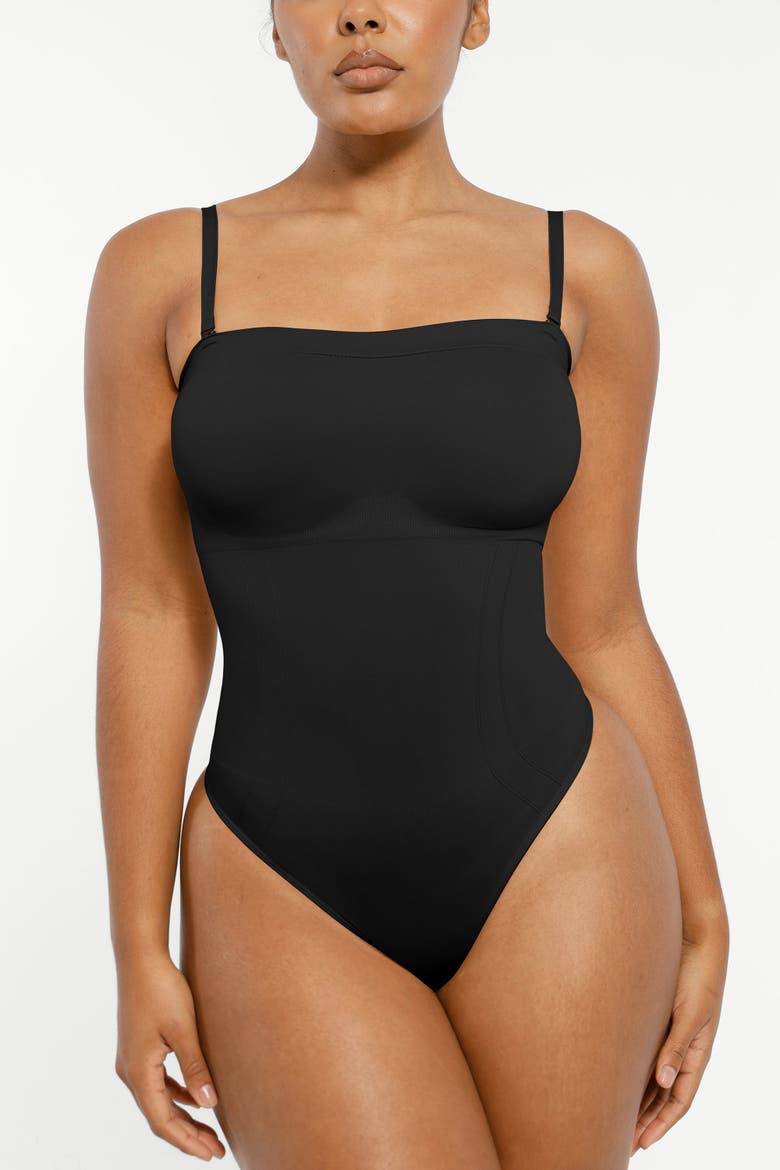 Skin Flow Strapless Sculpt Thong Bodysuit, Alternate, color, Black