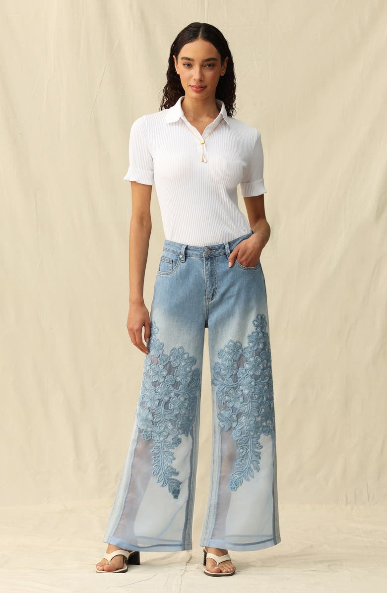 Bayeas Embroidered High Waist Wide Leg Jeans, Alternate, color, Light Blue