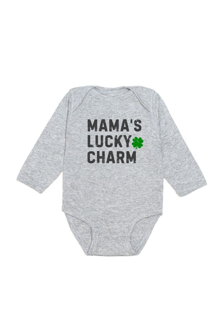 Mama's Lucky Charm St. Patrick's Day Long Sleeve Bodysuit, Main, color, Grey