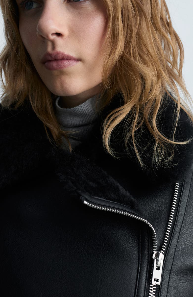 MANGO Faux Leather & Faux Shearling Moto Jacket, Alternate, color, Black