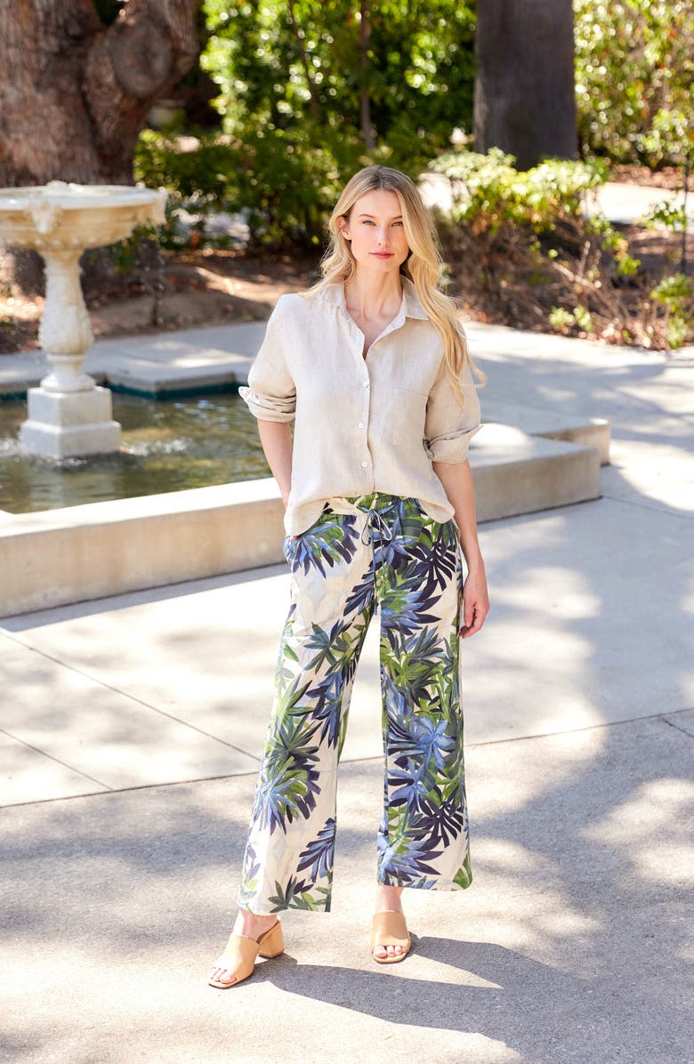 Karen Kane Frond Print Cotton Drawstring Wide Leg Pants, Alternate, color, Print
