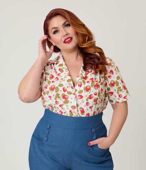 Plus Size 1940s Short Sleeve Collared Button Down Woven Blouse