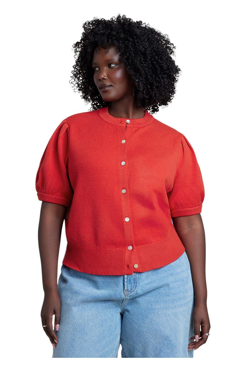 Puff Sleeve Cropped Cardigan, Main, color, PATROL RED