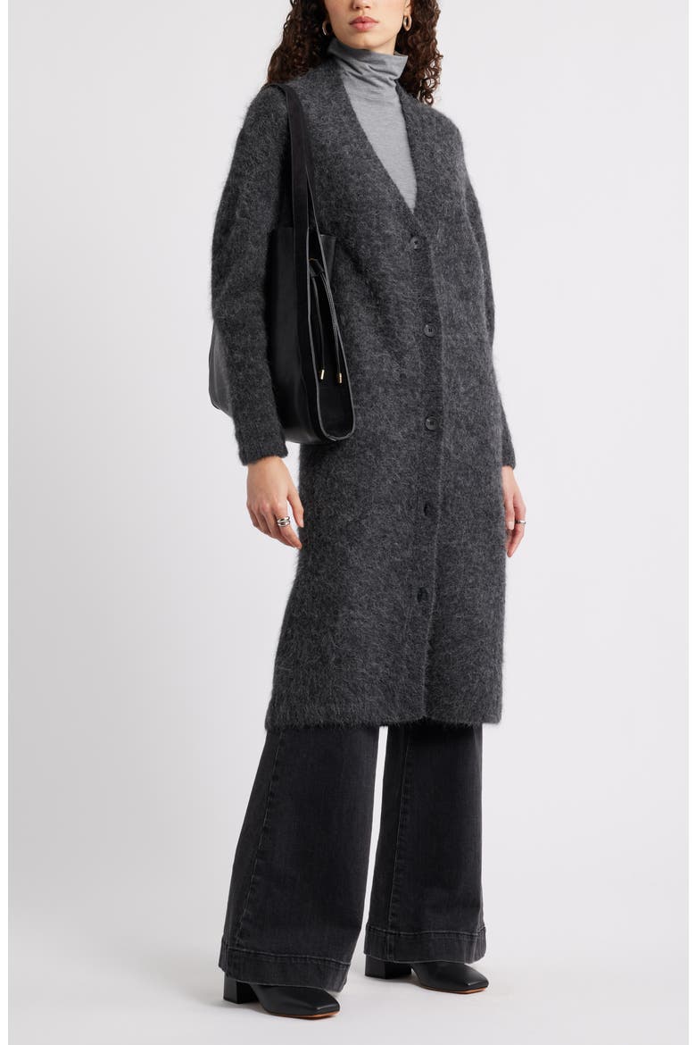 Long Fuzzy Alpaca Blend Cardigan, Alternate, color, GREY DARK CHARCOAL