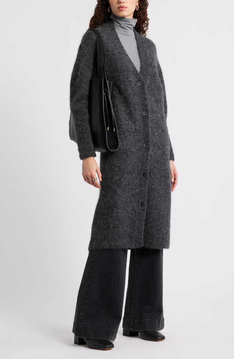 Nordstrom Long Fuzzy Alpaca Blend Cardigan, Alternate, color, Grey Dark Charcoal