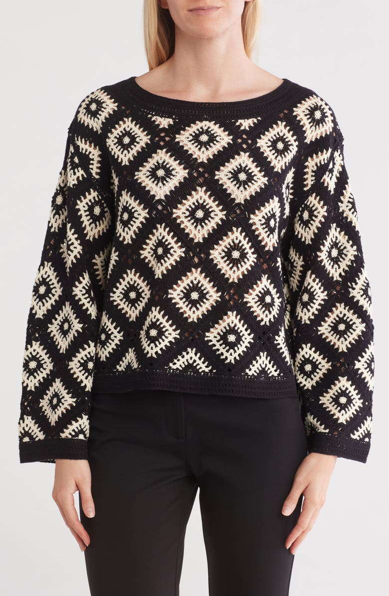 ELIE ELIE TAHARI Flared Sleeve Crochet Sweater, Main, color, 