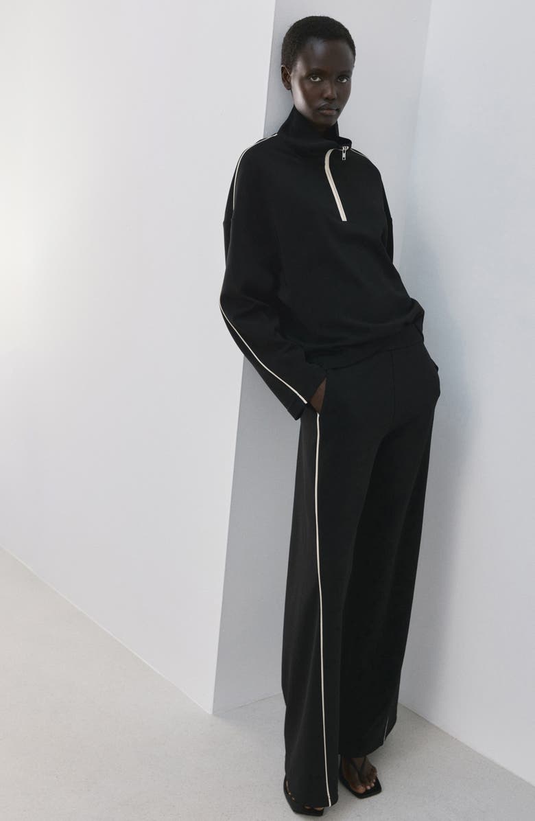 MANGO Side Piped Knit Wide Leg Pants, Alternate, color, Black