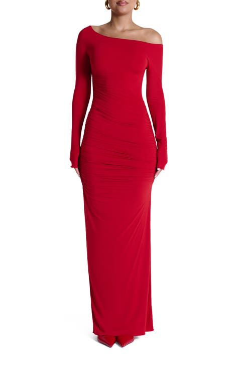 Ruched Off the Shoulder Long Sleeve Maxi Dress