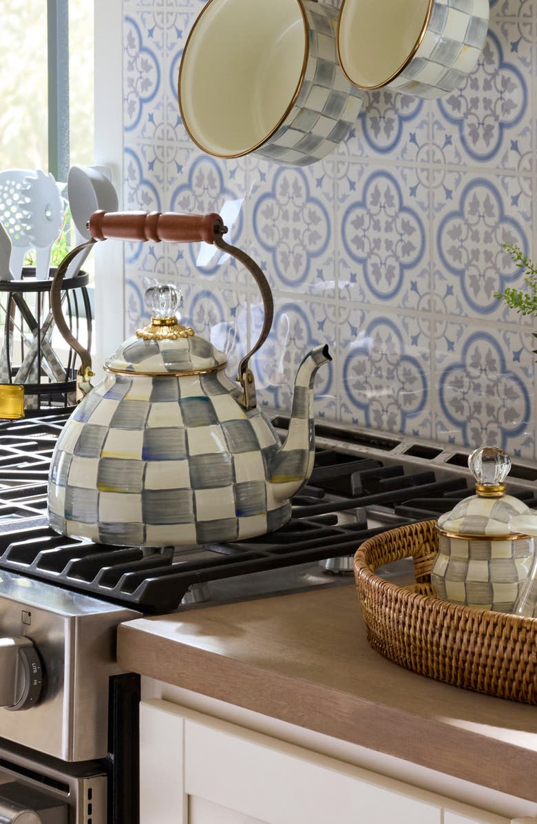 MACKENZIE CHILDS Sterling Check Enameled Steel 3-Quart Tea Kettle, Alternate, color, Grey/ White