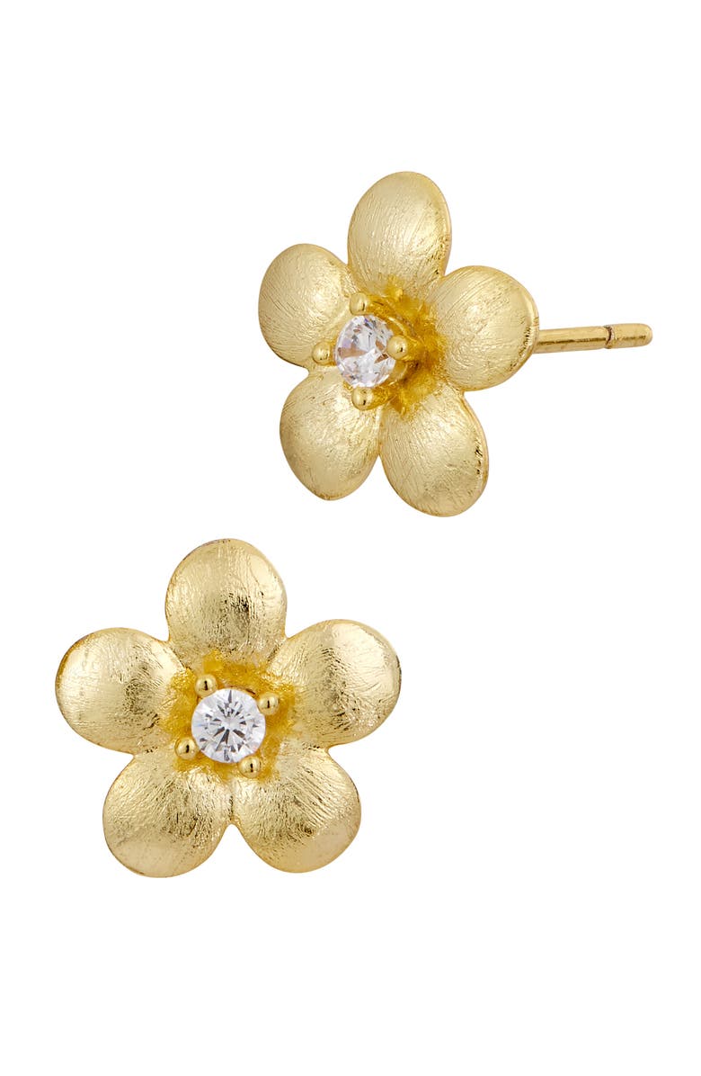 SAVVY CIE JEWELS Brushed Cubic Zirconia Floral Stud Earrings, Main, color, Yellow