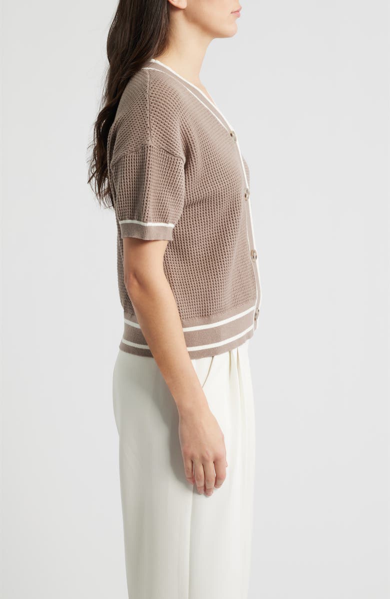 Bernardo Short Sleeve Basketweave Cardigan, Alternate, color, Gardenia/ Goat