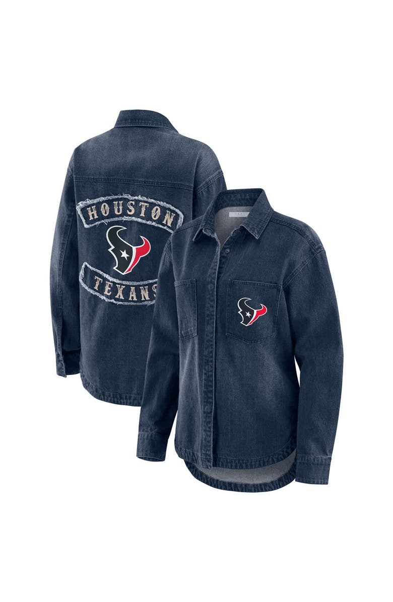 WEAR by Erin Andrews Women's WEAR by Erin Andrews Denim Houston Texans Washed Oversized Denim Full-Snap Shacket, Main, color, Denim
