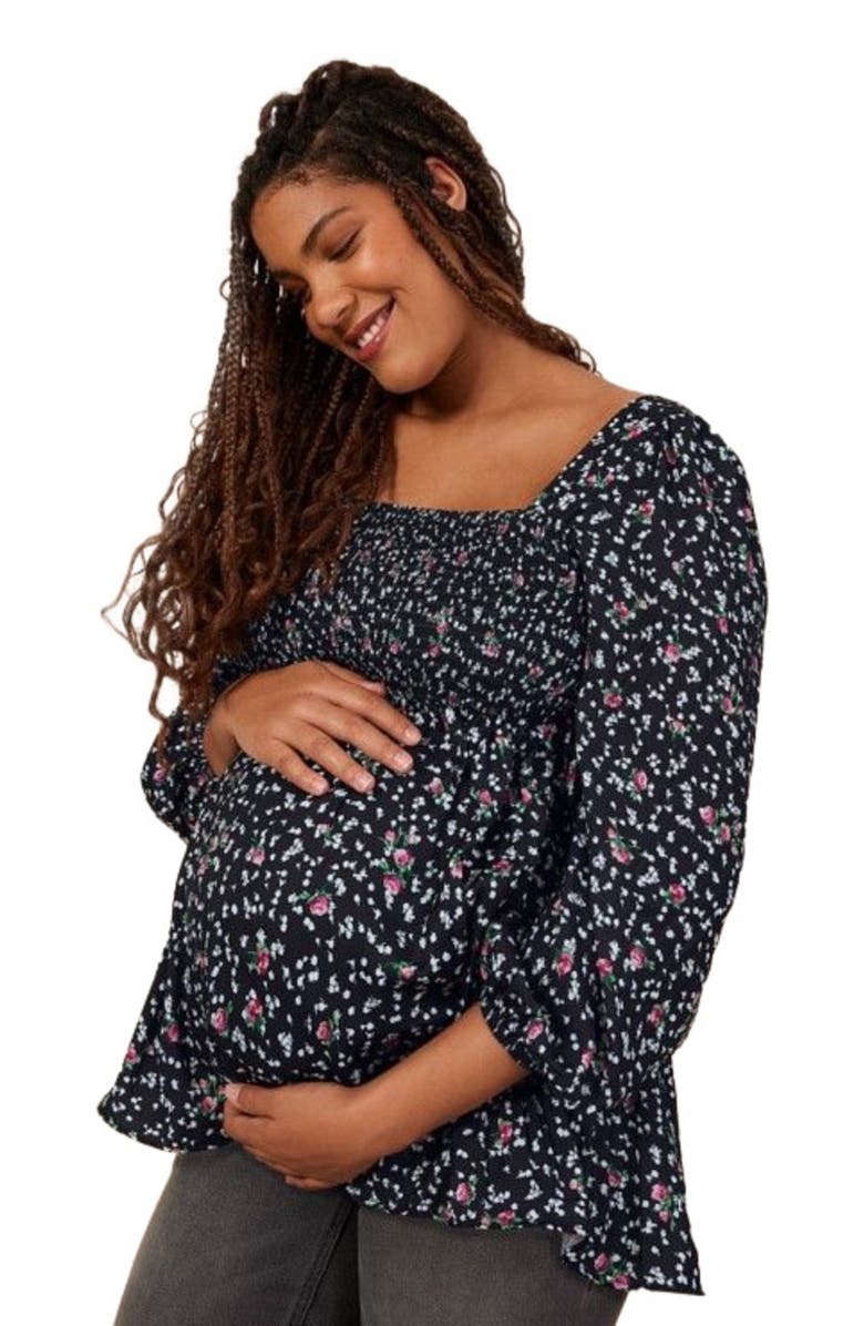 MOTHERHOOD MATERNITY Smocked Square Neck Long Sleeve Babydoll Maternity Top, Alternate, color, Black Ditsy