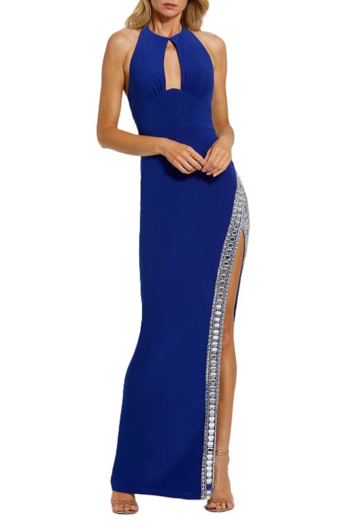 Mac Duggal Rhinestone Slit Halter Neck Jersey Sheath Gown In Cobalt