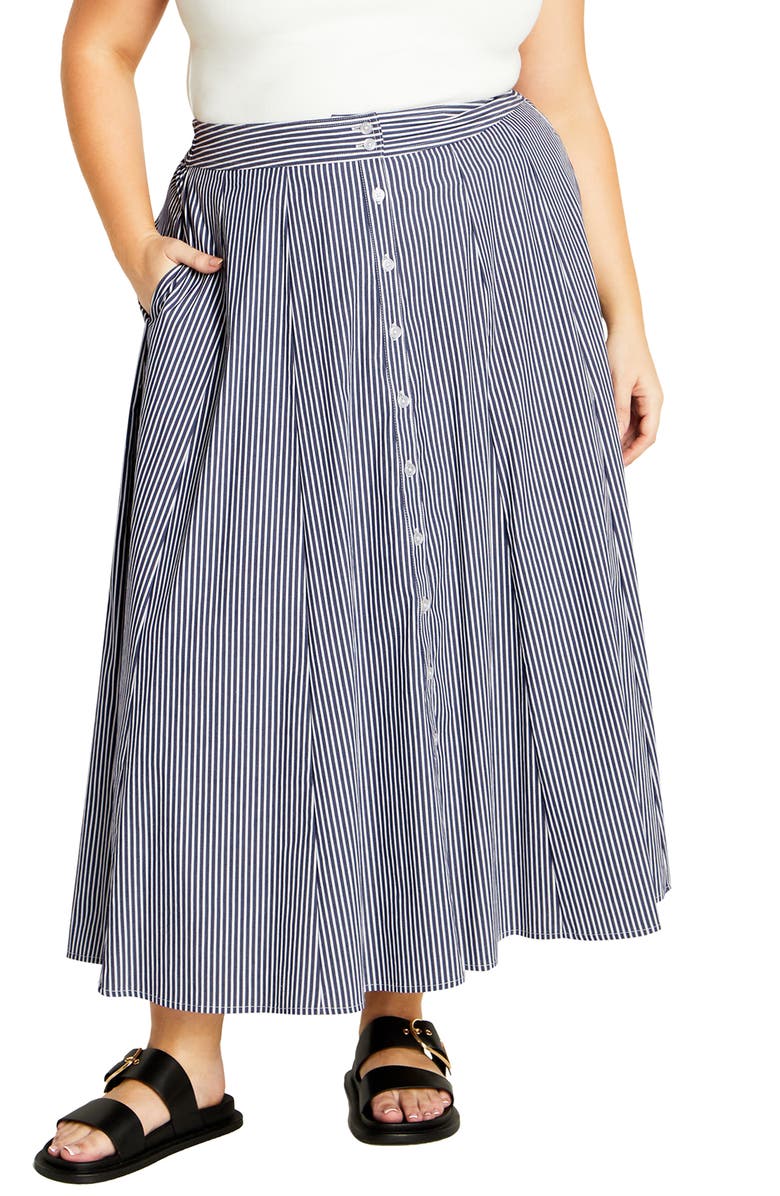 City Chic Stellar Stripe A-Line Maxi Skirt, Main, color, Navy Stripe