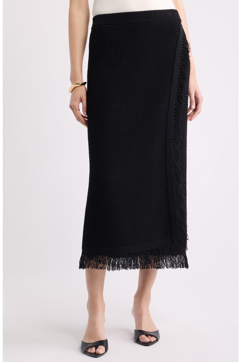 Fringe Sweater Midi Skirt, Main, color, BLACK
