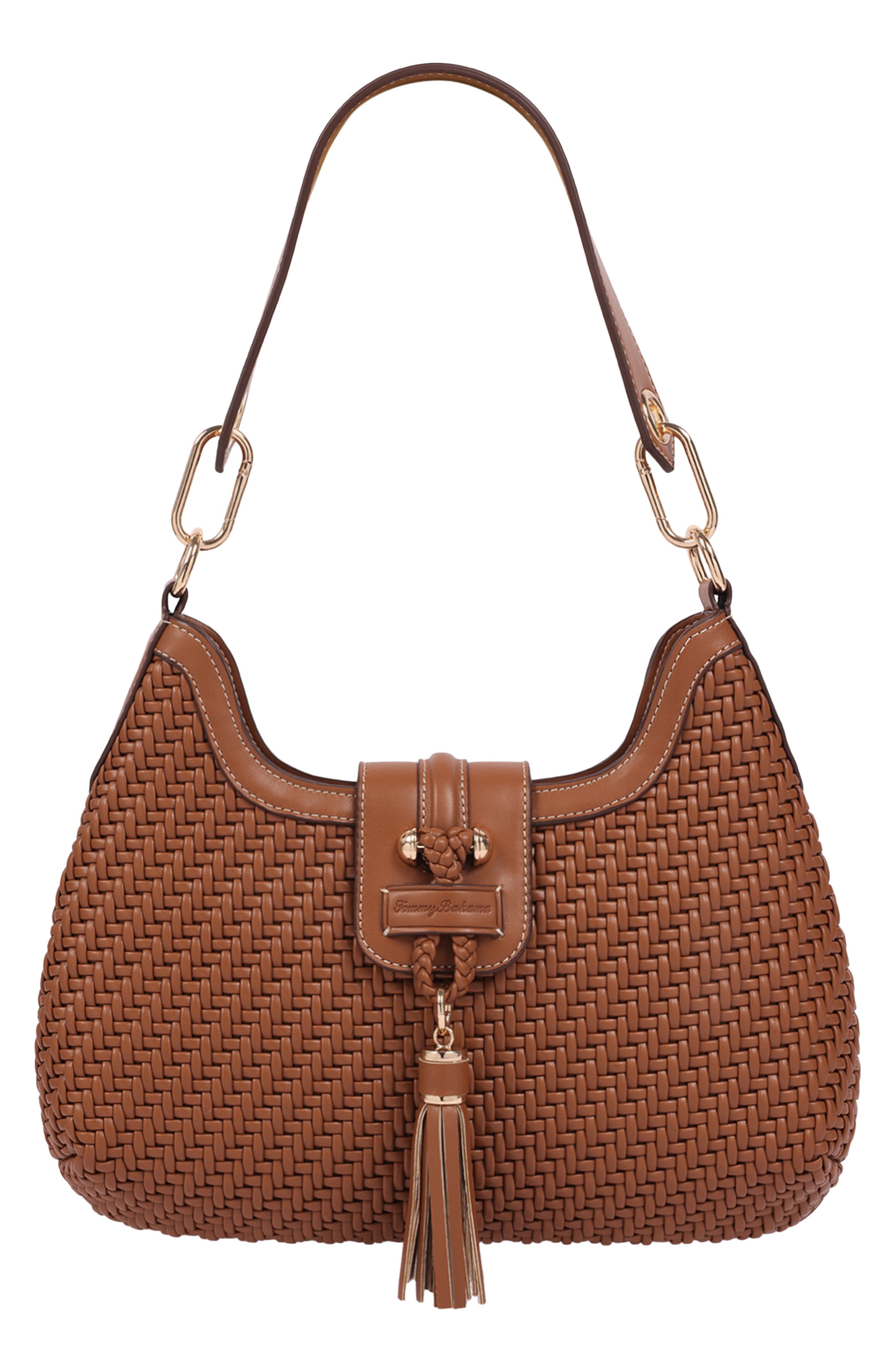 Tassel Tab Woven Faux Leather Hobo Bag