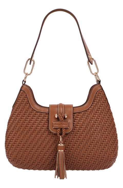 Tassel Tab Woven Faux Leather Hobo Bag
