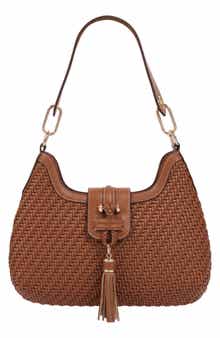 Tassel Tab Woven Faux Leather Hobo Bag