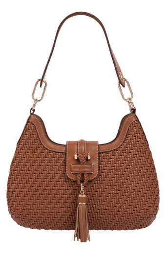 Tassel Tab Woven Faux Leather Hobo Bag