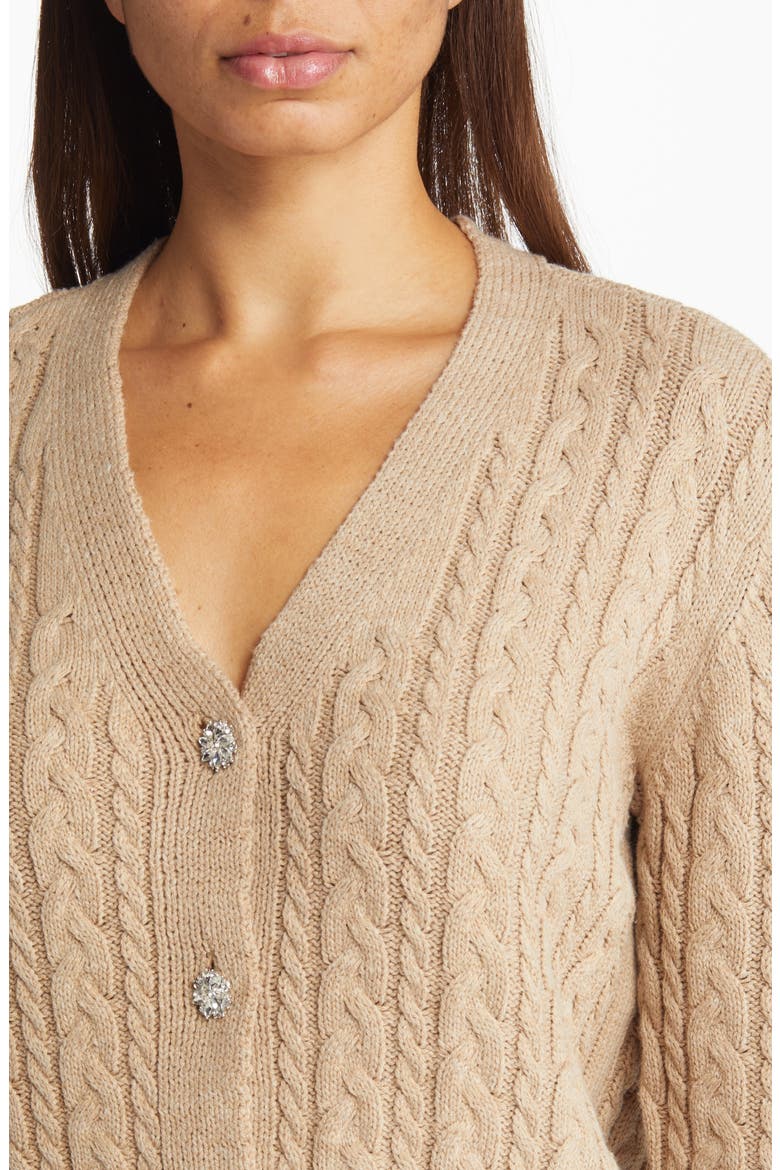 Crystal Embellished Cable Knit V-Neck Cotton Blend Cardigan, Alternate, color, LATTE