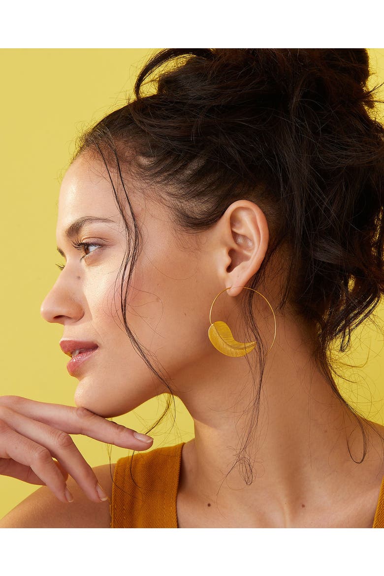 Gold Feather Pull Through Hoop Earrings, Alternate, color, Brass