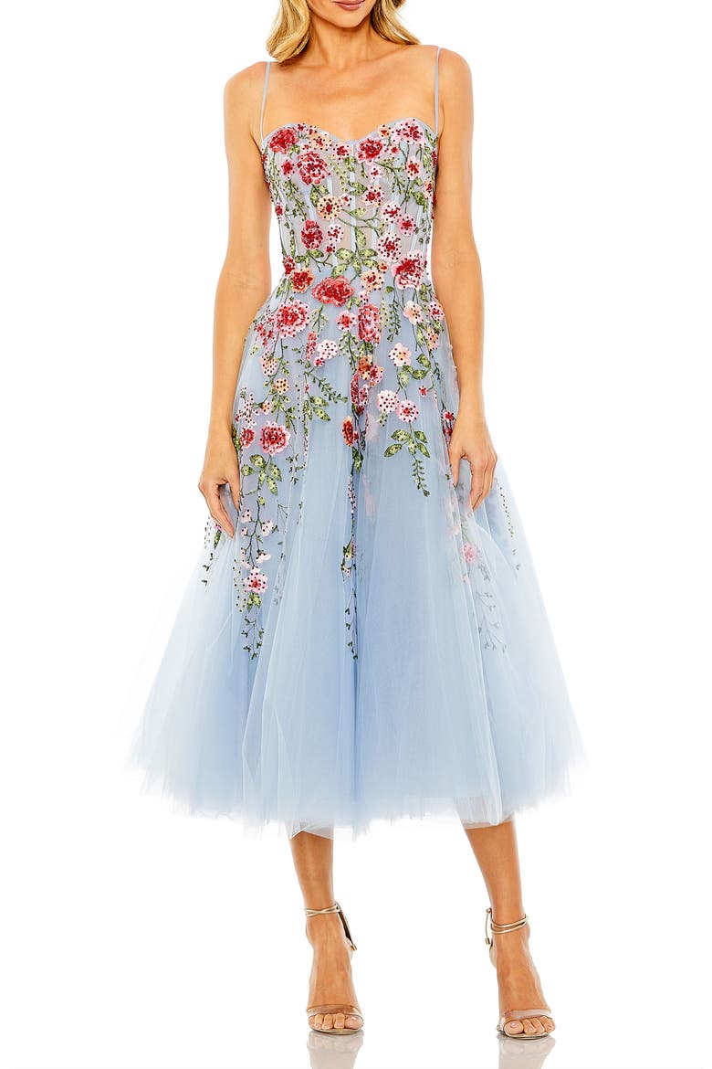 Bustier Embroidered Floral A-Line Dress, Main, color, Powder Blue