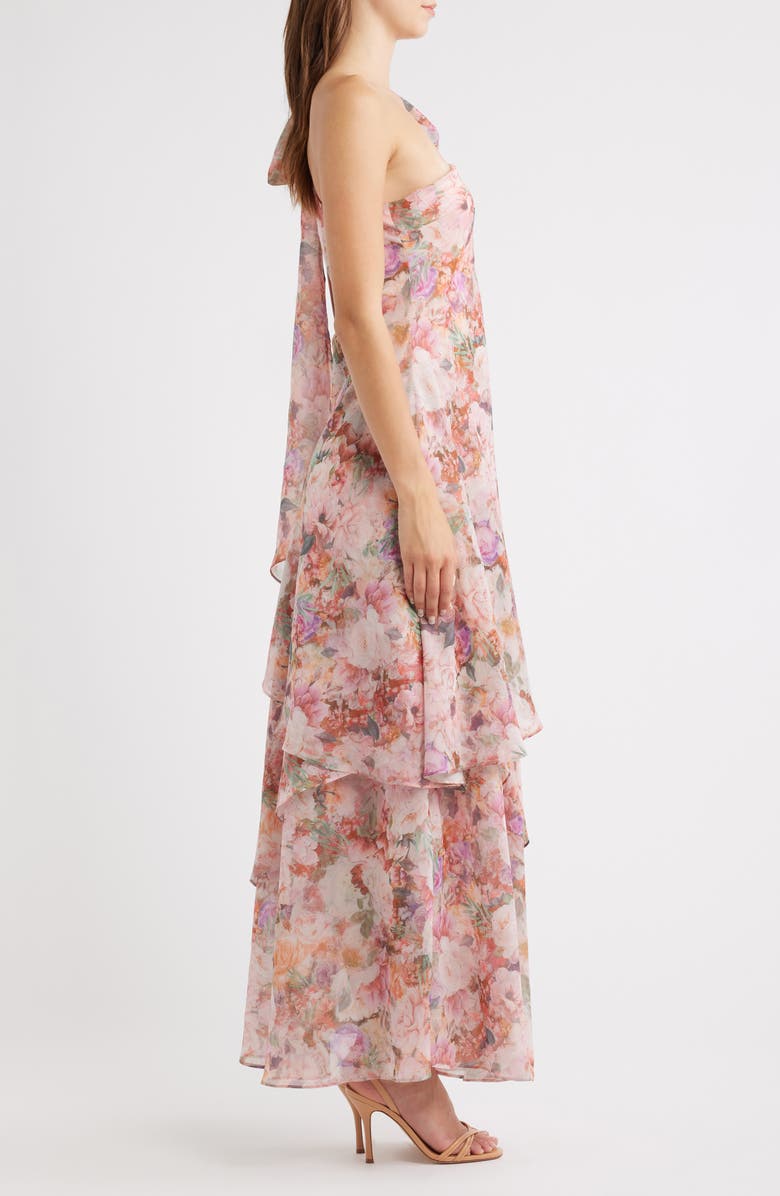 Lulus Amara Floral Print One-Shoulder Chiffon Gown, Alternate, color, Pink Floral