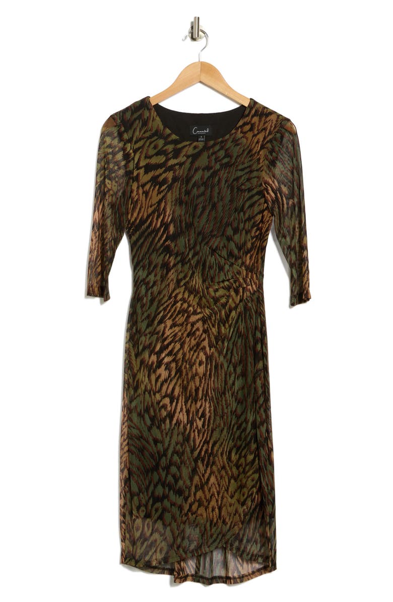 Connected Apparel Three-Quarter Sleeve Mesh Faux Wrap Dress, Alternate, color, 