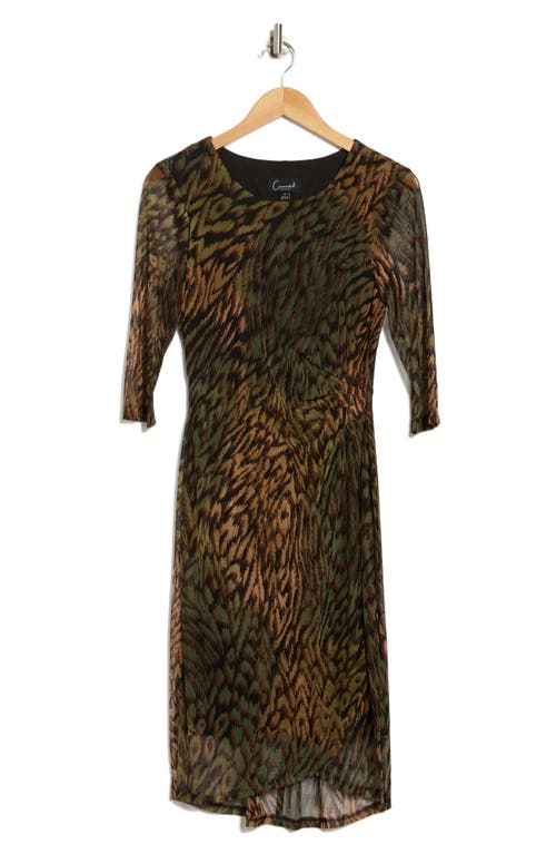Connected Apparel Three-quarter Sleeve Mesh Faux Wrap Dress In Green