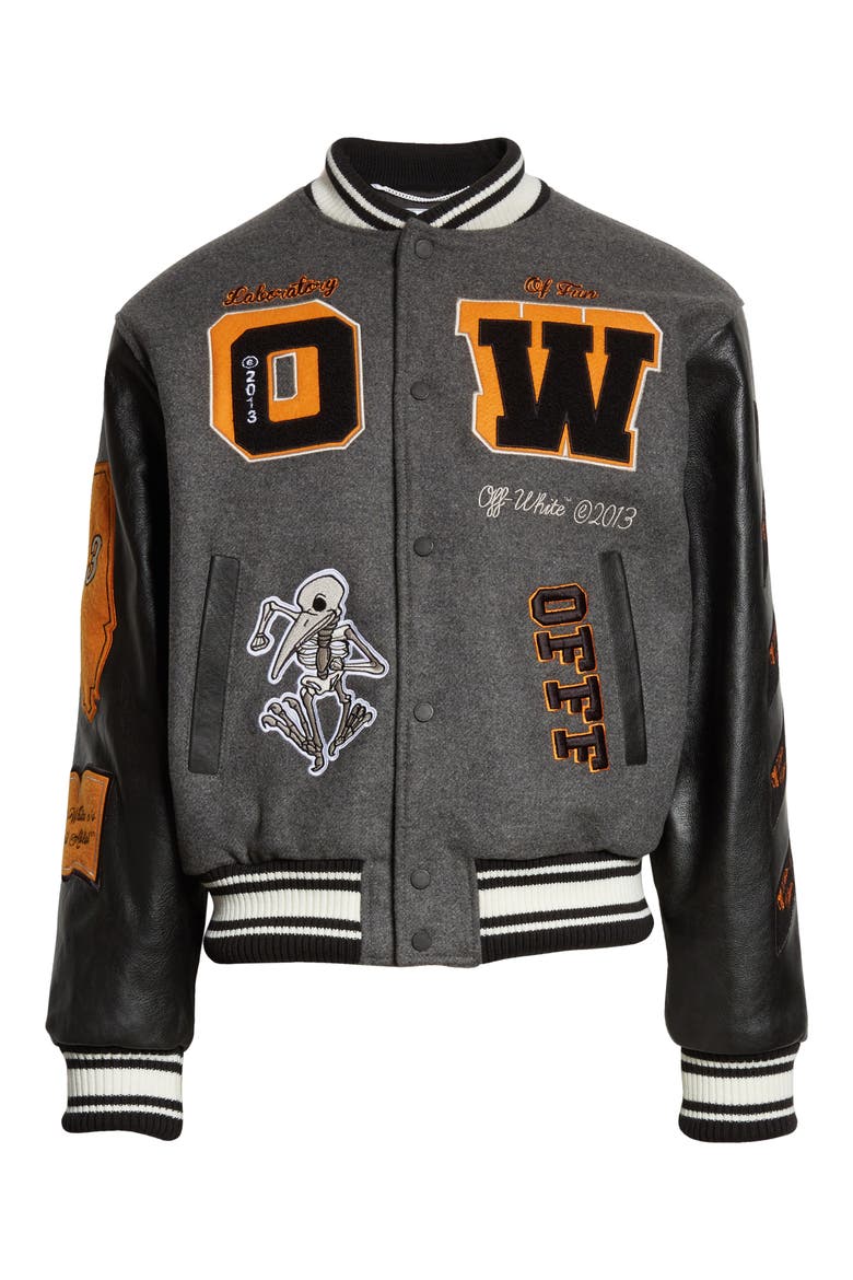 Logo Leather Sleeve Varsity Jacket, Alternate, color, MEDIUM GREY MULTICOLOR