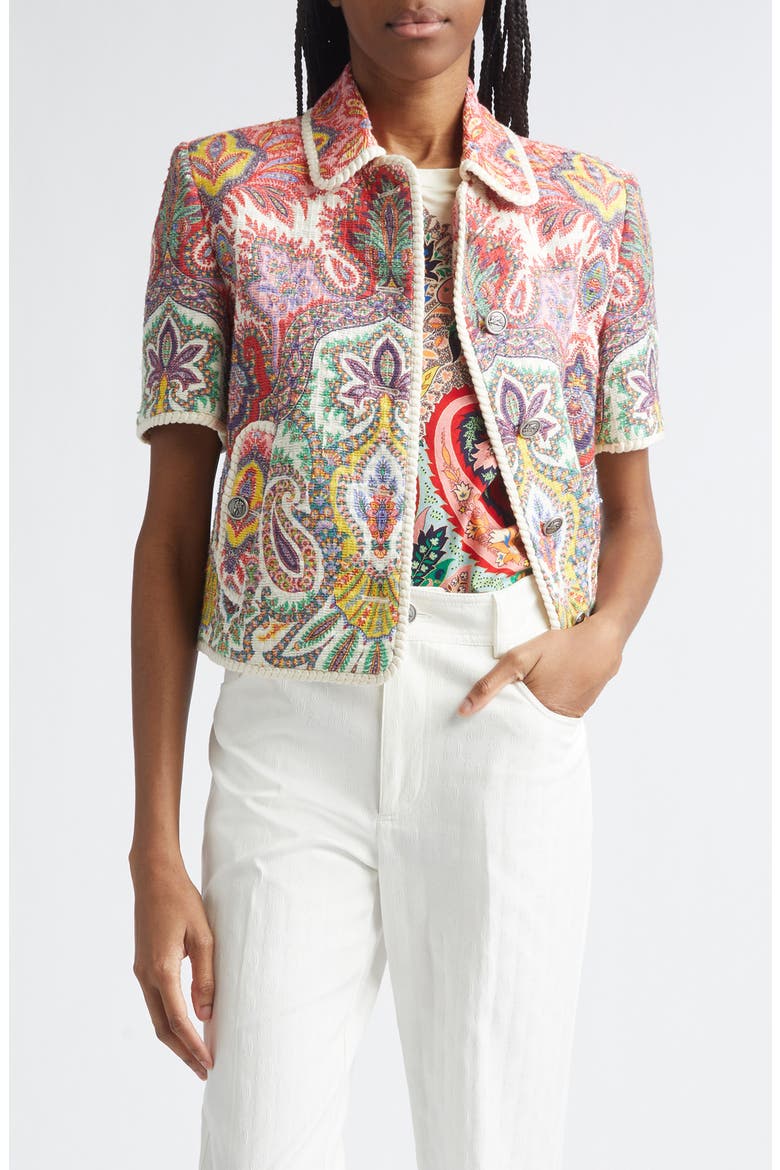 Paisley Short Sleeve Crop Jacket, Main, color, PRINT ON WHITE BASE