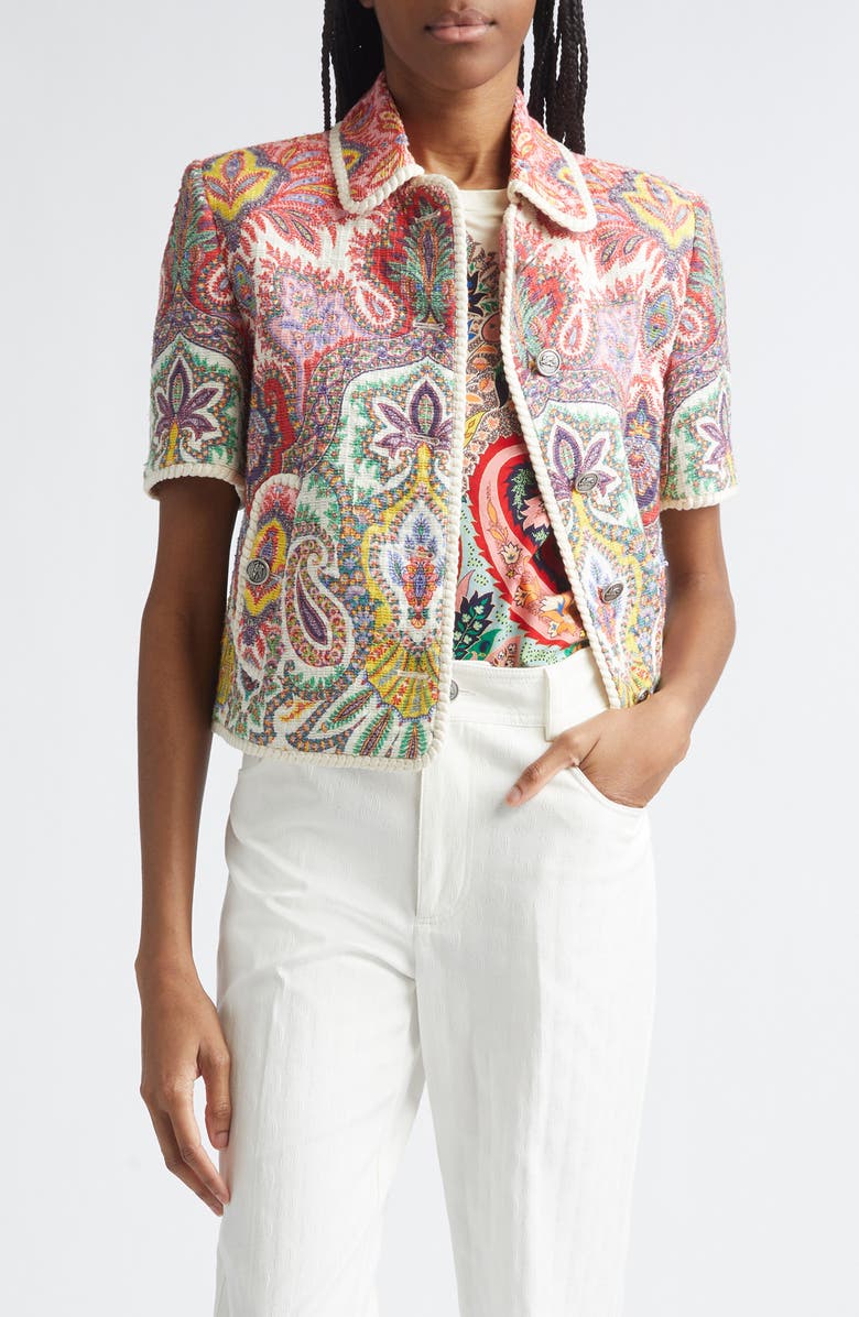 Etro Paisley Short Sleeve Crop Jacket, Main, color, Print On White Base