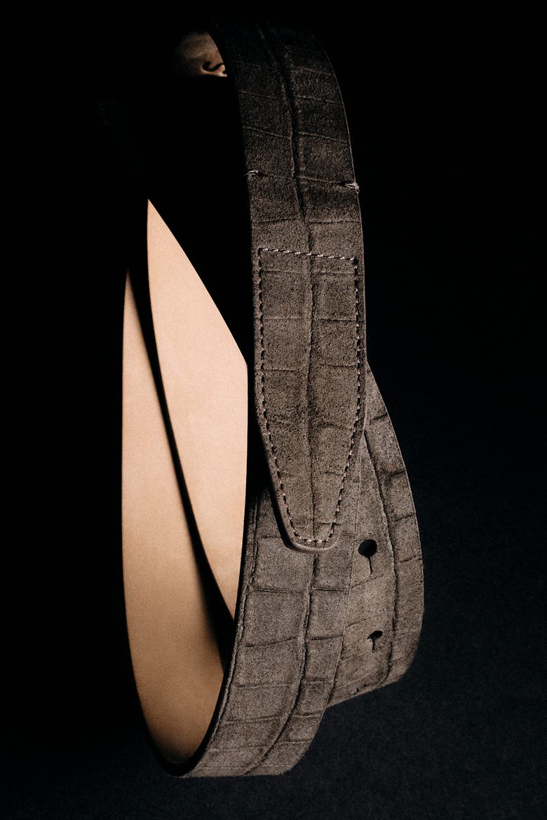 Croc-effect Suede Buckleless Belt, Alternate, color, GRAY