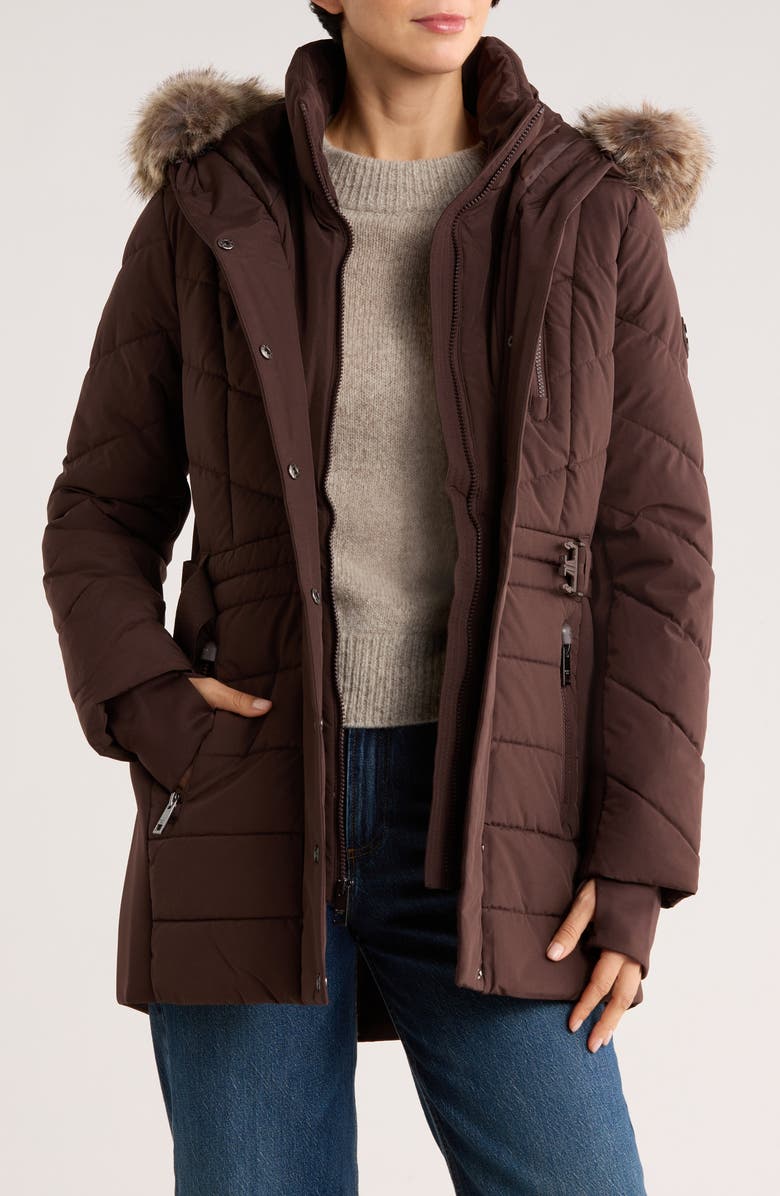 Michael Kors Faux Fur Trim Belted Puffer Jacket, Alternate, color, Chocolate