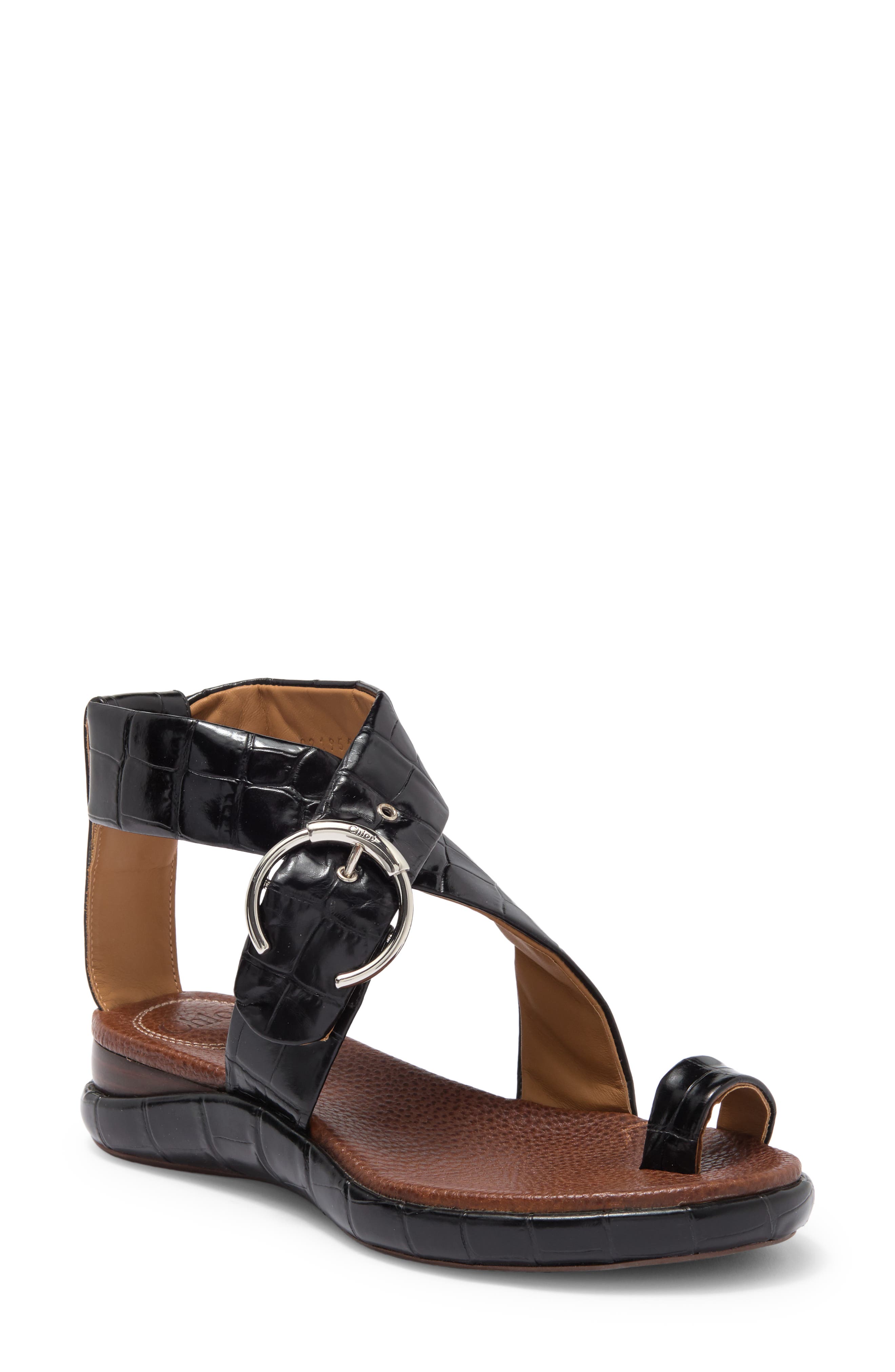 Chloé Wave Croc Embossed Leather Flat Sandal, Main, color, 