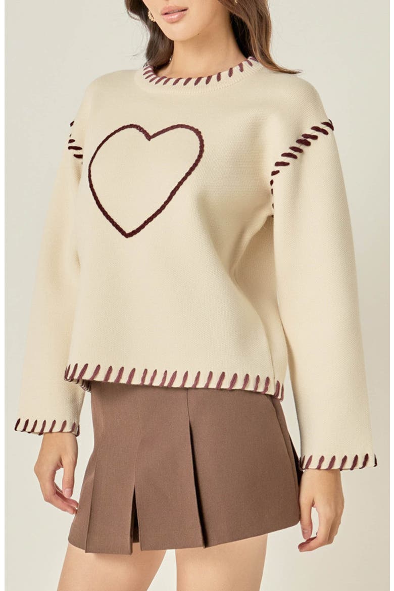 Heart Whipstitch Sweater, Alternate, color, CREAM/ BROWN