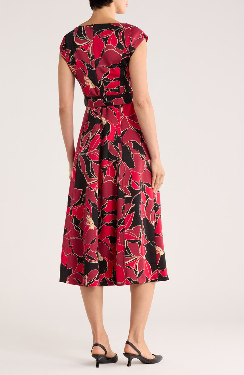 Calvin Klein Floral Cap Sleeve Belted Midi Dress, Alternate, color, Red Multi