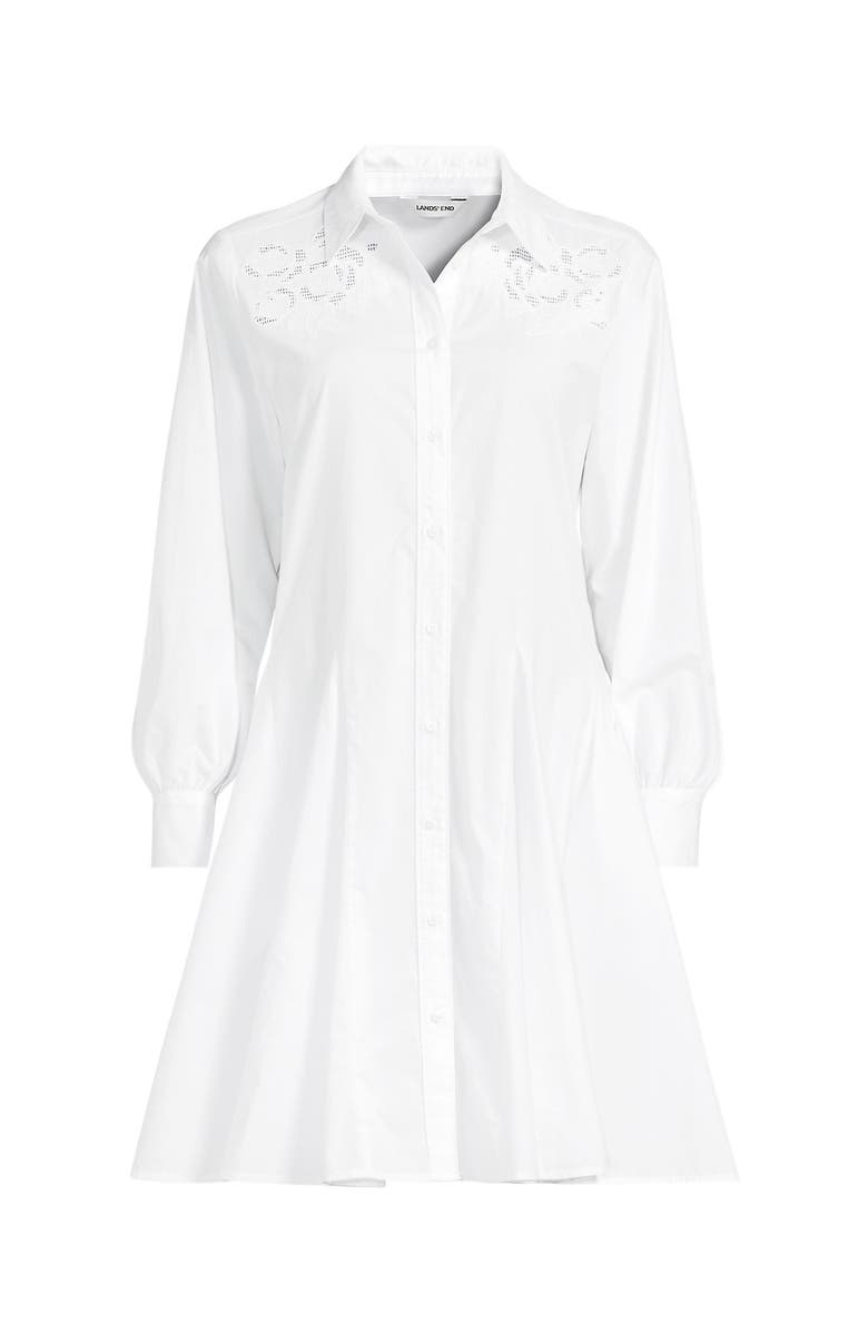 Lands' End Plus Size Poplin Button Front Dress with Godets, Alternate, color, White/Coral Red Painted Posies