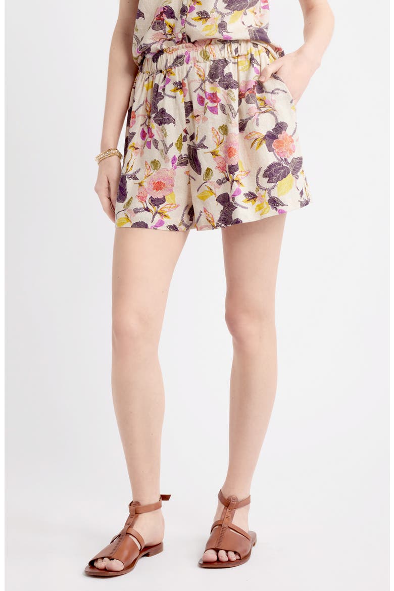 Print Linen Blend Shorts, Main, color, IVORY- PURPLE JACOBEAN BLOOM