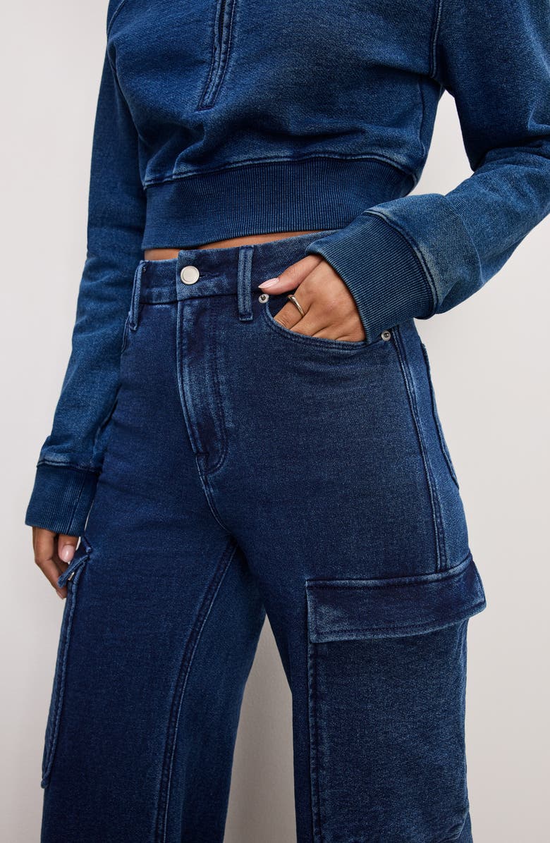 Good American Jeanius Good Skate Wide Leg Cargo French Terry Pants, Alternate, color, Indigo377