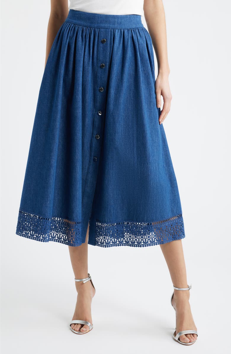 Elie Tahari The Laylee Denim Skirt, Main, color, Dark Denim