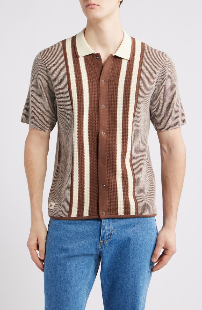 Percival Teramo Knit Short Sleeve Snap Up Shirt, Main, color, Brown/ Ecru