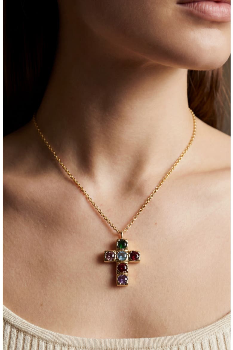 Multicolor Bezel Cross Pendant Necklace, Alternate, color, GOLD