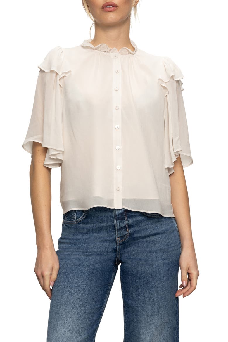 Deja Vu Ruffle Flutter Sleeve Button-Up Shirt, Main, color, LIGHT OAT BEIGE