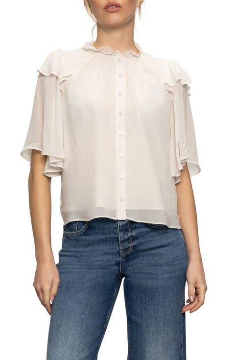 Deja Vu Ruffle Flutter Sleeve Button-Up Shirt