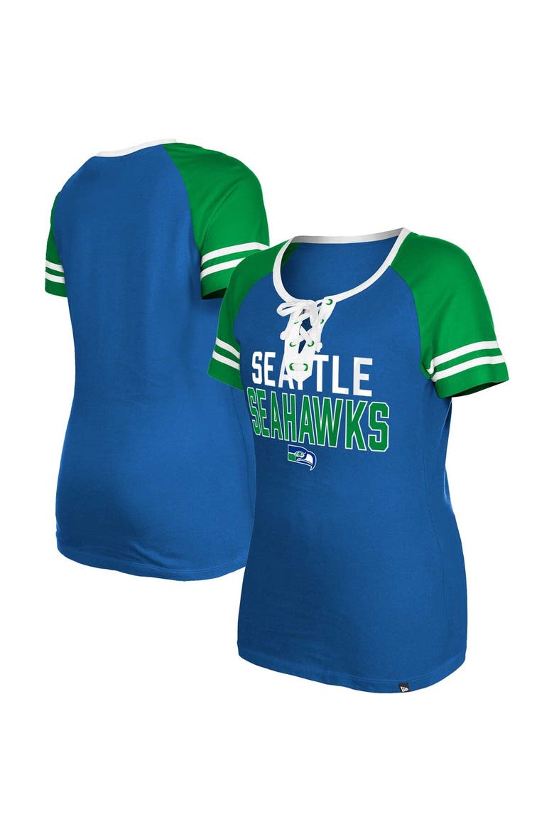 Women's New Era  Royal Seattle Seahawks Throwback Raglan Lace-Up T-Shirt, Alternate, color, Royal