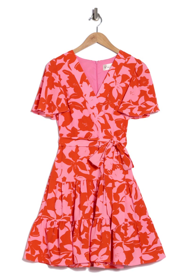 Floral Short Sleeve Fit & Flare Dress, Alternate, color, PINK